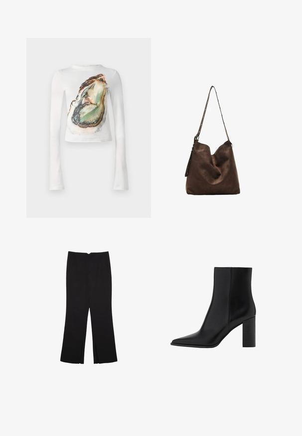 Bela majica z dolgimi rokavi z velikim grafičnim tiskom odprte ostrige z zelenimi in rjavimi detajli, izdelana iz mehke, raztegljive tkanine.; Črne hlače ravnega kroja z naglavnimi žepi in stranskimi razporki na robu. Narejene iz mehke, gladke tkanine. Primerne za različne priložnosti.; Črne usnjene gležnjarje z ostrim nosom, kvadratno peto, gladko teksturo in šivi ob šivih. Pete merijo približno 3,5 palca.; Rjava semišasta hobo torba s ukrivljenim vrhom, dolgim trakcem z dot akcenti in mehko teksturo. Ima sproščen videz za vsakdanje uporabo.