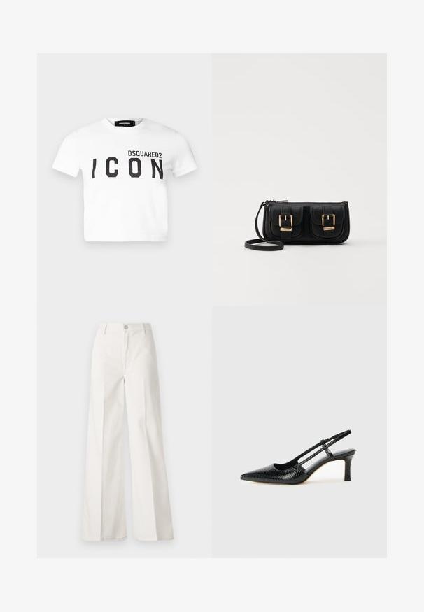 DSQUARED2 ICON BE ICON ICON TEE - Majica kratkih rukava s printom - white; Bijele široke hlače izrađene od pamuka s glatkom teksturom. Imaju prednji gumb, patentni zatvarač i dizajn s četiri džepa.; Crne lakirane slingback pete s oštrim vrhom, s teksturiranim uzorkom zmijske kože, podesivom remenom i kratkom, teksturiranom blok-petom.; Crna kožna torba preko ramena s dva prednja džepa, zlatnim kopčama, zatvaranjem na zip i uskim remenom. Teksturirana površina i kompaktan pravokutan oblik.