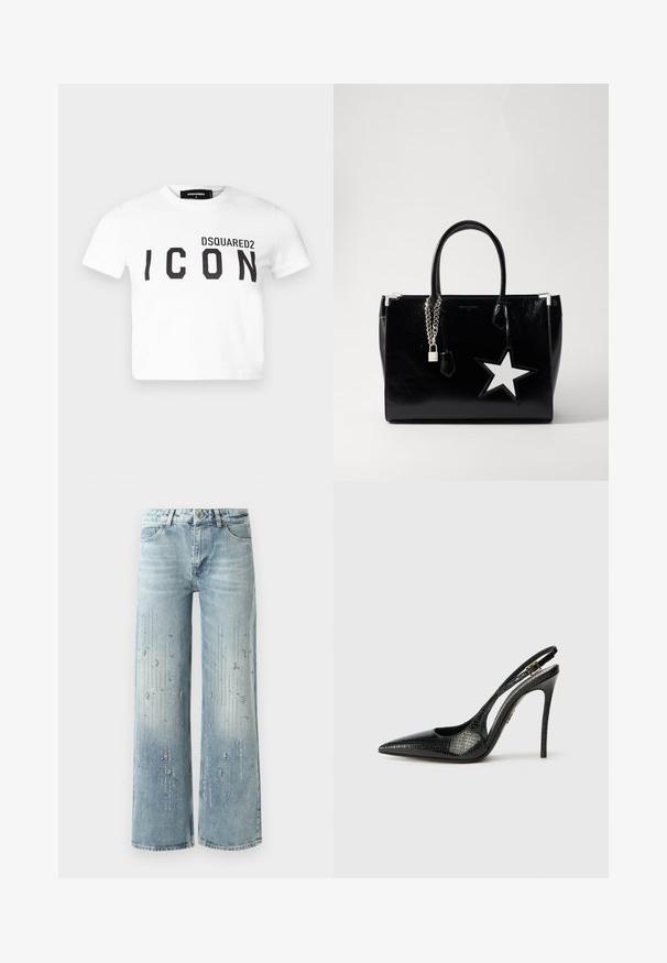DSQUARED2 ICON BE ICON ICON TEE - T-Shirt print - white; Hellblaue weite Jeans aus Denim, ausgestattet mit einem Farbverlaufseffekt und Verzierungen aus silbernen Strasssteinen in vertikalem Muster.; Schwarzer Slingback-Pump mit spitzer Zehenpartie, strukturiertem Schlangenmuster, Stiletto-Absatz und einer dekorativen Schnalle am Riemen.; Schwarze Handtasche aus lackiertem Leder mit eleganter Form. Mit silberner Kettenhardware, einem Schloss und einem weißen Sternelement an der Seite.