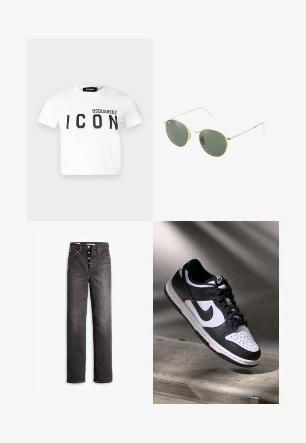 DSQUARED2 ICON BE ICON ICON TEE - Majica kratkih rukava s printom - white; Crne traperice visokog struka ravnog kroja, izrađene od denima. Imaju kopčanje na gumbe, mjedi akcentima i kontrastne šavove.; Crno-bijeli Nike Dunk Low tenisice s kožnim gornjištem, perforiranim prednjim dijelom, crnim vezicama, s bijelim đonom i logom.; Naocale za sunce s okvirom od zlata, zelenim staklima, okruglog oblika, tankim ručkama i bijelim plastičnim naglascima na vrhovima nogara.; Crna torba s geometrijskim uzorkom, izrađena od teksturiranog materijala. Ima čvrste ručke i oznaku, strukturiranog oblika.