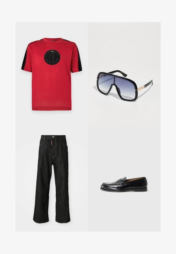 Red cotton T-shirt featuring short sleeves, black velvet accents, and a circular black patch with the year "2026" and a horse outline.; Black straight-leg jeans with yellow stitching, five-pocket design, button closure, and a small red tag on the front right pocket.; Leather loafers in black with a smooth finish, rounded toe, decorative stitching, and a small metal accent on the front.; Oversized black sunglasses with a gradient purple lens, glossy finish, and gold accents on the temple. Rectangular frame shape.