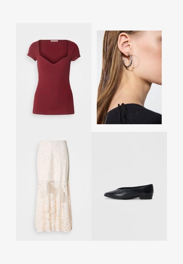 Vöödiline burgundi tooni tipp, millel on liibuv disain, lühikesed varrukad ja sügav V-kaelus. Valmistatud pehmest kangast, millel on sile tekstuur.; Kreemikas lilleline pitsi midi seelik; sisaldab kihilise kujunduse, läbipaistvate osade, tekstureeritud pitsi ja laienevat hemmi.; Must musta korter king, millel on terav nina, veidi tõstetud konts ja sile pind. Lihtne disain, kus pole nähtavaid detaile ega mustreid.; Hõbedane rõngas kõrvarõngas poleeritud viimistlusega, millel on väikesed kuldsed aktsendid ja ümmargune kuju, kantud lobus.