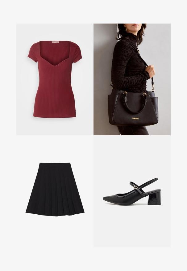 Top bordeaux a coste con design aderente, maniche corte e scollo a V profondo. Realizzato in tessuto morbido, presenta una superficie liscia.; Gonna nera plissettata realizzata in tessuto strutturato con una vita aderente. Cade all'altezza del ginocchio, presentando una silhouette liscia e pulita.; Décolleté in vernice nera con cinturino dietro, punta affusolata, design con ritagli arrotondati e tacco a blocco. Presenta un accento di fibbia tono oro.; Borsa nera con superficie texturizzata, manici superiori doppi e tracolla regolabile. Dotata di hardware color oro e tasche laterali.