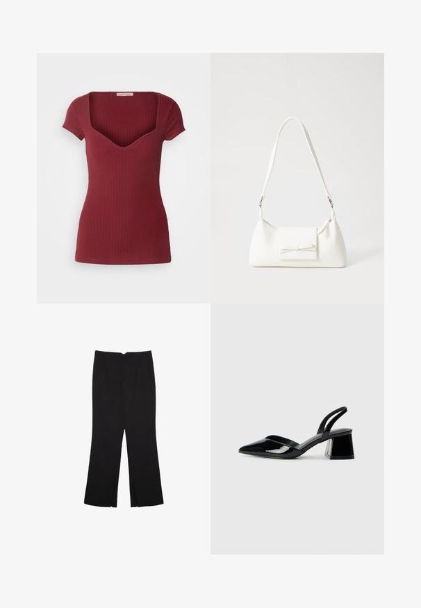 Ribbed burgundy top with a fitted design, short sleeves, and a deep V-neck. Made from soft fabric, featuring a smooth texture.; Black trousers with a straight fit, featuring front pockets and side slits at the hem. Made of soft, smooth fabric. Suitable for various occasions.; Black patent leather slingback heels with a pointed toe and a geometric block heel. Features a sleek, minimal design and smooth texture.; White synthetic handbag with a triangular shape, flat front flap and bow detail, adjustable strap, smooth texture, and minimalistic design.