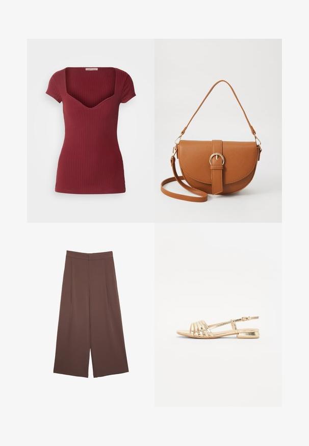 Geribbelde bordeauxrode top met een perfecte pasvorm, korte mouwen en een diepe V-hals. Gemaakt van zachte stof met een gladde textuur.; Bruine wijde broek met een gladde textuur, voorzien van een hoge taille en plooien aan de voorkant. De stof is lichtgewicht en valt losjes.; Gouden metallic sandalen met een open teen, voorzien van kruislings gespen, een platte hak en een verstelbaar enkelbandje. Glad textuur.; Bruine leren schoudertas met een gebogen vorm, gouden hardware en een gespaccent. Bevat een afneembare schouderriem.