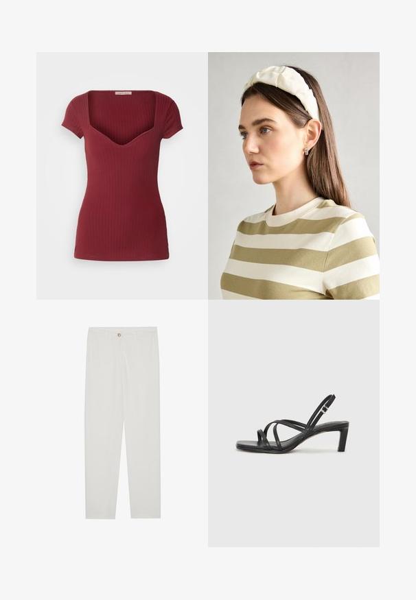 Geripptes burgunderfarbenes Oberteil mit tailliertem Design, kurzen Ärmeln und tiefem V-Ausschnitt. Aus weichem Stoff gefertigt, der eine glatte Textur aufweist.; Weisse, maßgeschneiderte Hosen mit geradem Bein, die über einen Knopfverschluss, Gürtelschlaufen und Seitentaschen verfügen; glatte Stoffoberfläche.; Schwarze Sandale mit Riemchen, quadratischer Zehenform und niedrigem Blockabsatz. Verfügt über mehrere dünne Riemen und einen verstellbaren Knöchelriemen. Hergestellt aus glattem Leder.; Cremfarbener gepolsterter Haarreif mit gedrehtem Design, kombiniert mit einem beigen und weißen gestreiften Shirt mit rundem Halsausschnitt. Dezente Schmuckakzente.