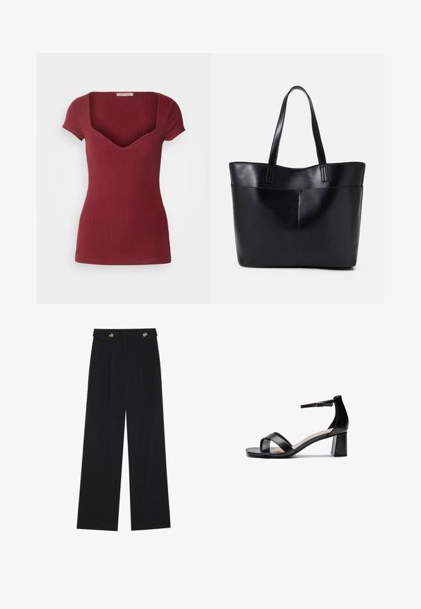 Top bordeaux canelado com um design ajustado, mangas curtas e um decote profundo em V. Feito de um tecido suave, com uma textura lisa.; Calças largas pretas com cintura alta, detalhes em botão na cintura e pregas frontais.; Sandália de salto alto preta, com ponta aberta, tiras cruzadas, tira de tornozelo ajustável e um salto robusto, apresentando uma textura de pele lisa.; Bolsa tote preta em couro com duas alças longas, textura suave e forma estruturada. Apresenta um bolso frontal para armazenamento adicional.