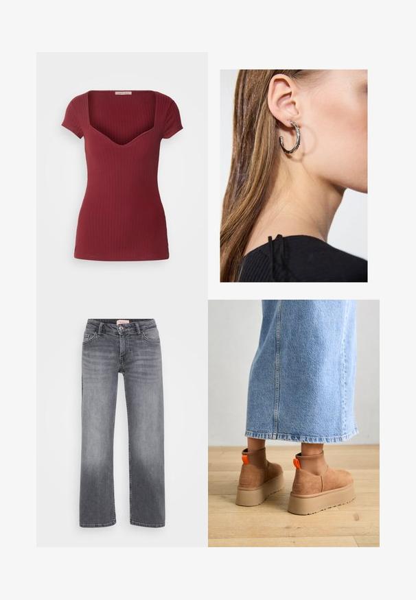 Geribbelde bordeauxrode top met een perfecte pasvorm, korte mouwen en een diepe V-hals. Gemaakt van zachte stof met een gladde textuur.; Grijze denim jeans met een recht gesneden ontwerp, vijf zakken stijl, subtiele vervaging en een knoopsluiting in de taille.; Bruine suède platformlaarzen met elastische zijkanten en oranje trekbandjes, gecombineerd met een lichtdenim rok tot de knie op een houten vloer.; Zilveren oorbel met een gepolijste afwerking, met kleine gouden accentdetails en een ronde vorm, gedragen op de oorlel.