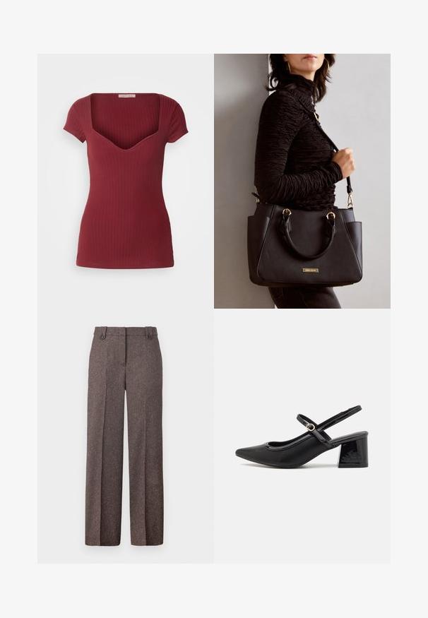 Geripptes burgunderfarbenes Oberteil mit tailliertem Design, kurzen Ärmeln und tiefem V-Ausschnitt. Aus weichem Stoff gefertigt, der eine glatte Textur aufweist.; Braune weite Hosen aus strukturiertem Stoff. Verfügt über zwei Vordertaschen und eine taillierte Passform mit zwei Knöpfen am Bund.; Schwarze Lackleder-Slingback-Absätze mit spitzer Zehenform, einem runden Ausschnitt-Design und einem Blockabsatz. Mit einem goldfarbenen Schnallenakzent.; Schwarze Handtasche mit strukturierten Oberflächen, doppelten Obergriffen und verstellbarem Schultergurt. Mit goldfarbener Hardware und Seitentaschen.