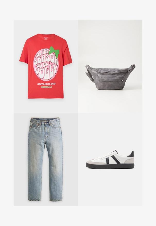 Sarkana kokvilnas T-krekliņš ar lielu rozā apļa grafiku, kurā ar baltu un zaļu tekstu ir uzrakstīts: "Laiks būt priecīgam", un zaļa loku akcenta detaļa.; Gai zila denima bikses ar augstu jostasvietu, priekšējo pogu, rāvējslēdzēju un piecu kabatu dizainu, izlīdzinātas uz neitrāla fona.; Baltas sneakeris ar melniem un pelēkiem akcentiem, kuram ir teksturēts pelēks purngals, melna gumijas zole un plakanas baltas šņores. Tīrs dizains, minimālisma stils.; Pelēks zamšādas jostas somiņa ar noapaļotu formu, divām kabatām ar rāvējslēdzējiem un regulējamu siksnu. Iekļauj metāla aksesuārus.