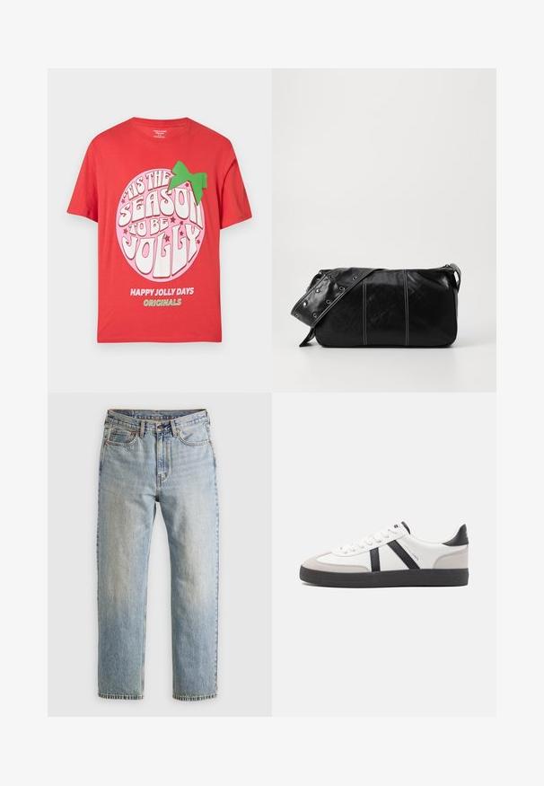 Sarkana kokvilnas T-krekliņš ar lielu rozā apļa grafiku, kurā ar baltu un zaļu tekstu ir uzrakstīts: "Laiks būt priecīgam", un zaļa loku akcenta detaļa.; Gai zila denima bikses ar augstu jostasvietu, priekšējo pogu, rāvējslēdzēju un piecu kabatu dizainu, izlīdzinātas uz neitrāla fona.; Baltas sneakeris ar melniem un pelēkiem akcentiem, kuram ir teksturēts pelēks purngals, melna gumijas zole un plakanas baltas šņores. Tīrs dizains, minimālisma stils.; Melnas ādas plecu soma ar rāvējslēdzēja aizdari, ar teksturētu virsmu, baltu dūrienu un siksnu ar sudraba iekavām.