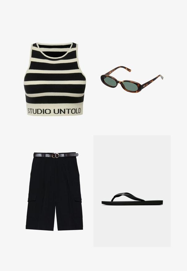 Gestreifter, schwarz-weißer, verkürzter Oberteil aus strukturiertem Strickstoff. Verfügt über einen runden Ausschnitt und einen mit "STUDIO UNTOLD" versehenen gerippten Saum.; Schwarze Cargo-Shorts aus leichtem Stoff, mit geradem Schnitt, Seitentaschen und einem braunen Ledergürtel mit einer silbernen Schnalle.; Schwarze Gummi-Flip-Flop-Sandale mit einem strukturierten Riemen und einfacher flacher Sohle, von der Seite auf einem schlichten hellen Hintergrund dargestellt.; Schildpatt-Sonnenbrille mit ovalen Rahmen und grünen Gläsern. Verfügt über dünne Bügel mit einem metallischen Akzent in der Nähe der Scharniere.