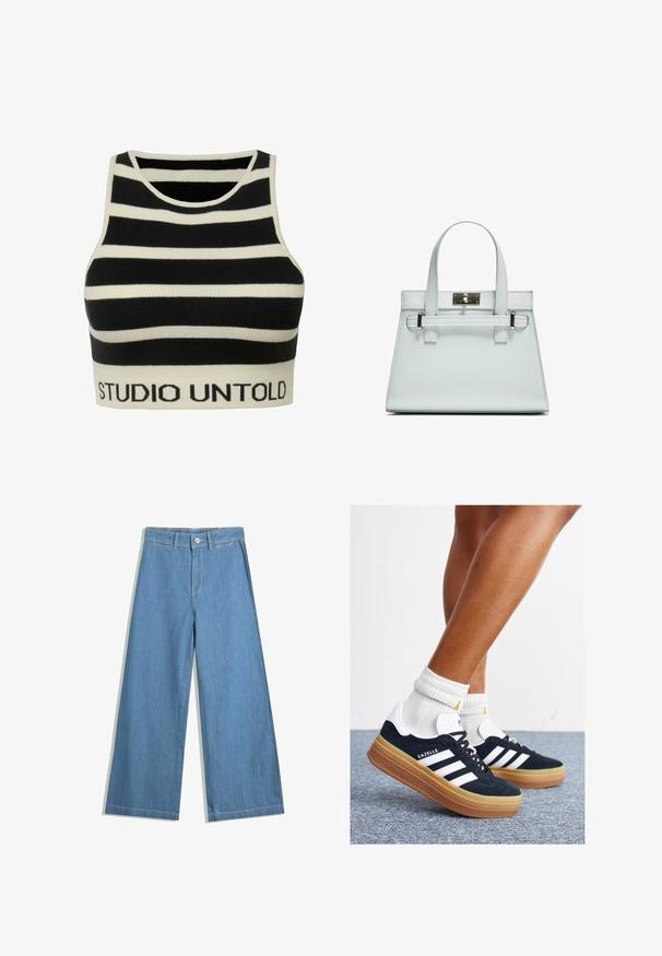 Raitapaitainen, mustavalkoinen lyhyt toppi, joka on valmistettu teksturoidusta neulekankaasta. Varustettu pyöreällä kaula-aukolla ja brändätyllä ribbireunalla, jossa lukee "STUDIO UNTOLD".; Vaalean siniset leveälahkeiset farkut, joissa on nappikiinnitys, vyölenkit ja hillitty ompelutaito.; Musta mokkanahkainen tennari, jossa valkoiset raidat ja yksityiskohdat, pyöreä kärki, purukumipohja, yhdistetty valkoisiin ribbineuleisiin nilkkasukkiin.; Vaaleansininen käsilaukku, jossa on jämäkkä muotoilu, kaksi kahvaa ja hopeanvärinen kiinnitys. Pinta on teksturoitu ja kulmat terävät.