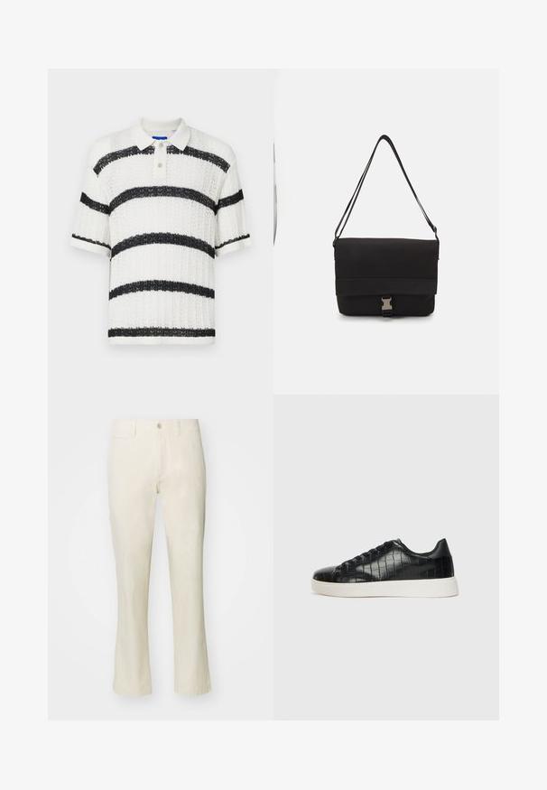White short-sleeve polo with textured fabric, featuring wide black horizontal stripes and a three-button collar with clear buttons.; Beige cotton pants with a straight leg design, featuring a button closure and side pocket. Smooth texture and simple style.; Black sneakers featuring a textured croc-embossed leather upper, rounded toe, and a contrasting white rubber sole with a smooth finish.; Black messenger bag made of smooth material, featuring a fold-over flap, silver clasp hardware, and an adjustable shoulder strap.