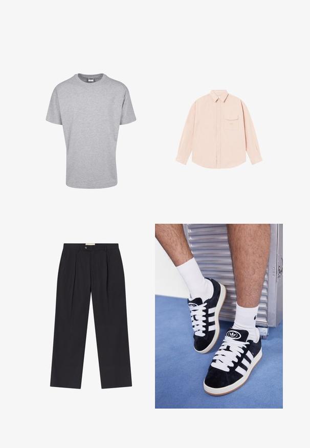 Šedé tričko s krátkým rukávem vyrobené z bavlněné směsi. Má kulatý výstřih a volný střih bez vzorů či ozdob.; Světle růžová dlouhá košile s dlouhým rukávem vyrobená z jemné tkaniny, s límečkem na knoflíky, přední kapsou a nenápadným vyšitým logem na hrudi.; Upravené tmavě námořnické kalhoty s vysokým pasem, dvěma předními záhyby, zapínáním na knoflík a rovnými nohavicemi z hladkého materiálu.; Černé semišové tenisky s bílými tkaničkami a třemi bílými pruhy. Mají kulatou černou logo na jazyku a gumovou podrážku.