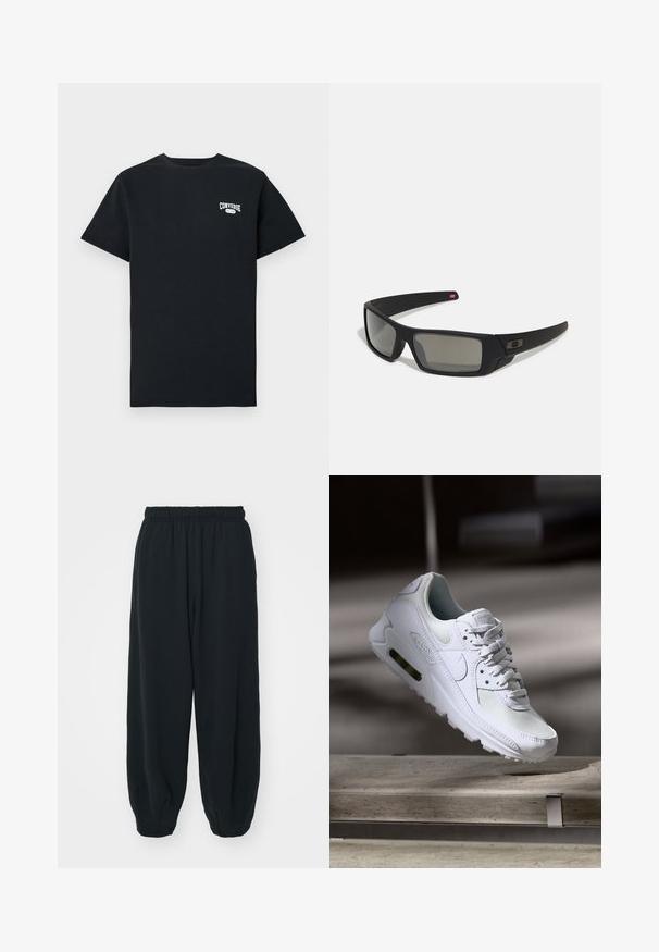 Must must t-särk lühikeste varrukatega, millel on vasakul rinnal valge "Converse" logo. Klassikalise ümar kaelusega disain.; Mustade elastse vöökoha ja laia lõikega dressipüksid, mansetiga sääred, sile tekstuur ning ilma nähtavate mustrite või detailideta.; Valged Nike Air Max 90 sneakers, millel on võrkkangast ja nahast ülemine osa, aukudega varbadosa ning nähtav õhuüksus kandades.; Mustad mustaga viimistlusega prillid, ristkülikukujulised läätsed, templite kerge kõverus, diskreetne logo detail ja suitsutatud läätsed.