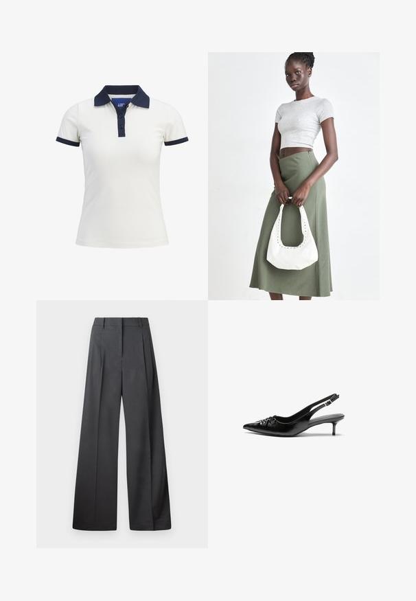 Biele polo tričko s tmavomodrým golierom a manžetami, s tromi gombíkmi na zapínaní a hladkou, priedušnou textúrou látky.; Nohavice s širokými nohavicami z tmavošedej látky, s vysokým pásom, jedinými záhybmi a hladkou textúrou s čistým zakončením na lemoch.; Čierne kožené slingback podpätky s ostrou špičkou, malým podpatkom a dekoratívnym uzlom vpredu. Hladký povrch po celom obvode.; Sivý pruhovaný crop top a olivovo zelená sukňa s vysokým pásom. Model drží bielu ramennú tašku s vyrezávanými detailmi. Jednoduchý dizajn, priliehavý strih.