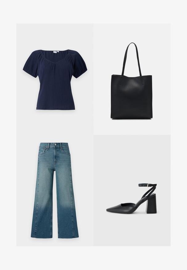 Top corto blu navy a maniche corte con scollatura a girocollo, texture a costine e cuciture sulle spalle arricciate per aggiungere forma e volume.; Jeans a gamba larga in un lavaggio blu medio, con un effetto sfumato dal più scuro al più chiaro. Realizzati in denim con un design tradizionale a cinque tasche.; Pump in pelle nera con punta affusolata, cinturino alla caviglia e tacco spesso. Texture piatta, design elegante ed estetica minimalista.; Borsa tote in pelle nera con texture liscia, forma rettangolare e due manici lunghi. Nessun hardware o decorazione visibile.