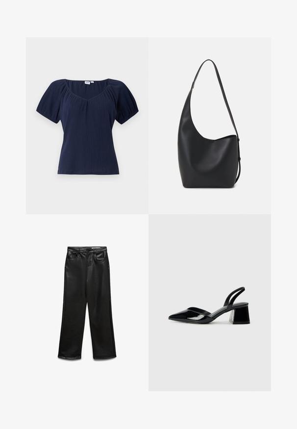 Navy blue short-sleeve top with a scoop neckline, ribbed texture, and gathered shoulder seams for added shape and volume.; Black faux leather wide-leg pants with front pockets, belt loops, and subtle sheen. Smooth texture and tailored fit.; Black patent leather slingback heels with a pointed toe and a geometric block heel. Features a sleek, minimal design and smooth texture.; Black leather hobo bag with a smooth texture, curved shape, and single adjustable strap; features a wide opening at the top.