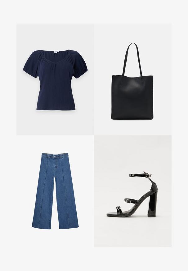 Námořnické modré tričko s krátkým rukávem a kulatým výstřihem, ribbovaná textura a nařasené ramenní švy pro přidaný tvar a objem.; Rovné džínsy s širokými nohavicami v strednom modrom odtieni, so zvýšeným pásom, zapínaním na gombík a kontrastnými vertikálnymi švami pozdĺž prednej strany.; Čierne lakované sandále na podpätku so štvorcovou špičkou, navlečenými remienkami okolo členku a striebornými prackami. Disponujú masívnym blokovým podpätkom pre stabilitu.; Čierna kožená taška na rameno s hladkým povrchom, obdĺžnikovým tvarom a dvoma dlhými uchami. Bez viditeľného kovania alebo ozdôb.
