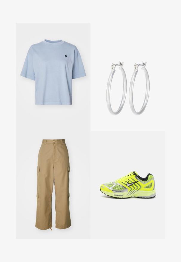 Carhartt WIP NELSON - T-shirts basic - dusty ice; Beige cargo bukser med høj talje, brede ben og fire store sidelommer. Fremstillet af slidstærkt stof med en glat tekstur og minimal detaljering.; Neon gule løbesko med mesh-paneler, sølvaccenter, sorte detaljer og en struktureret sål. Funktioner inkluderer snørebånd og en polstret krave.; Sølv hoop øreringe med en glat, poleret overflade. Rund form og sikker klik-lukning. Letvægtsdesign, der er velegnet til hverdagsbrug.