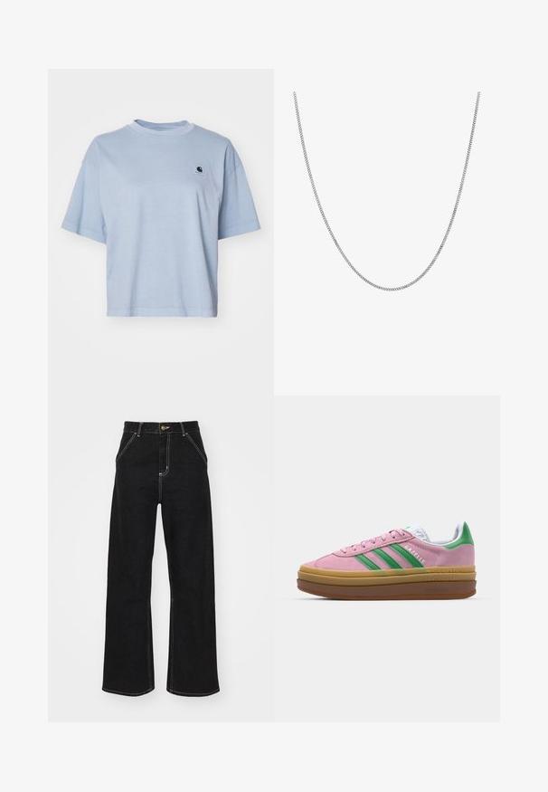 Carhartt WIP NELSON - Lihtne T-särk - dusty ice; Mustmustest mustadest denimist, millel on kontrastsed valged õmblused ja esine nupp, kahe nurga all asuva esipocketiga.; Roosa nahast tossud roheliste triipude, valgete aktsentide ja pruuni kummitaldiga. Omavad tekstuuriga kangast ja logo detaile külgedel.; Hõbedane kettkaelakee sujuva, ümmarguse lame lingikujundusega. Omab läikivat viimistlust ja mõõdab ligikaudu 20 tolli pikkust.