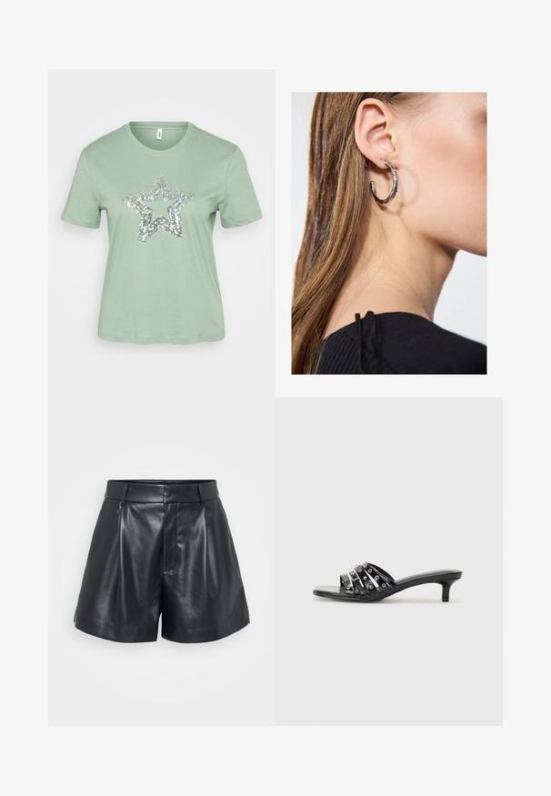 Minttivihreä lyhythihainen t-paita, jossa on suuri hopeinen paljettitähden kuvio etuosassa. Valmistettu kevyestä, pehmeästä puuvillakankaasta.; Mustat nahkahousut, joissa on sileä pinta, räätälöity muotoilu, laskostettu etuosa ja vyölenkit; sivussa piilotettu vetoketjutasku.; Mustat korot sandaalit, joissa on useita kiiltäviä hihnoja ja metallisia yksityiskohtia, teräväkärkiset ja maltilliset kitten-korkeat. Sileä pinta.; Hopea renkaankorvakoru kiiltävällä pinnalla, jossa on pieniä kultaisia yksityiskohtia ja pyöreä muoto, käytetty korvalla.