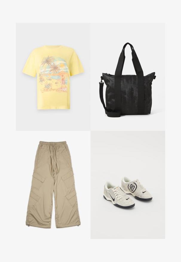 Gelbes Baumwoll-T-Shirt mit einer tropischen Strand-Szene, die Palmen, einen Sonnenuntergang und eine Hula-Tänzerin zeigt. "Billabong" in geschwungener Schrift.; Beige Cargo-Hosen mit einem Kordelzugbund, mehreren Seitentaschen und einem lockeren Schnitt. Hergestellt aus leichtem, glattem Stoff mit Nähdetails.; Nike-Sneaker mit einem beigen und grauen texturierten Obermaterial, schwarzen Akzenten, einem großen "90"-Logo und einer weißen Schnürverschluss. Schwarze Sohle.; Schwarze Tote-Tasche aus strukturiertem Stoff, mit zwei oberen Griffen und einem abnehmbaren Schultergurt. Sie verfügt über einen Reißverschluss für sicheren Stauraum.
