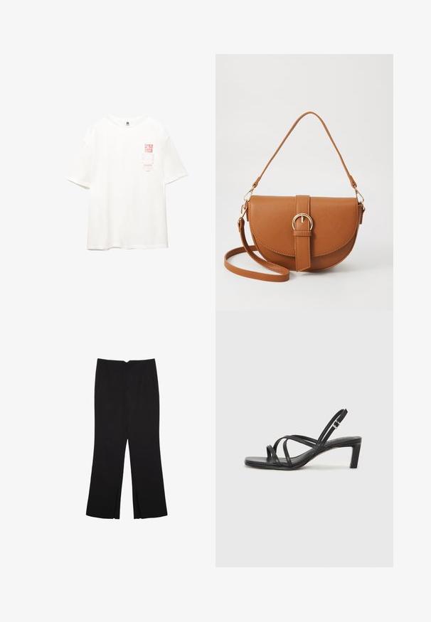 Bílý bavlněný tričko s krátkým rukávem, s potiskem v červené barvě na levé části hrudi, včetně textu a detailů čárového kódu.; Černé kalhoty s rovným střihem, s předními kapsami a bočními rozparky na lemu. Vyrobené z jemné, hladké tkaniny. Vhodné na různé příležitosti.; Černé sandály na tenkém podpatku se čtveratou špičkou a nízkým blokovým podpatkem. Mají několik tenkých popruhů a nastavitelné zapínání okolo kotníku. Vyrobeny z hladké kůže.; Hnědá kožená křížová taška s zakřiveným tvarem, zlatými detaily a akcentem s přezkou. Obsahuje odnímatelný popruh na rameno.