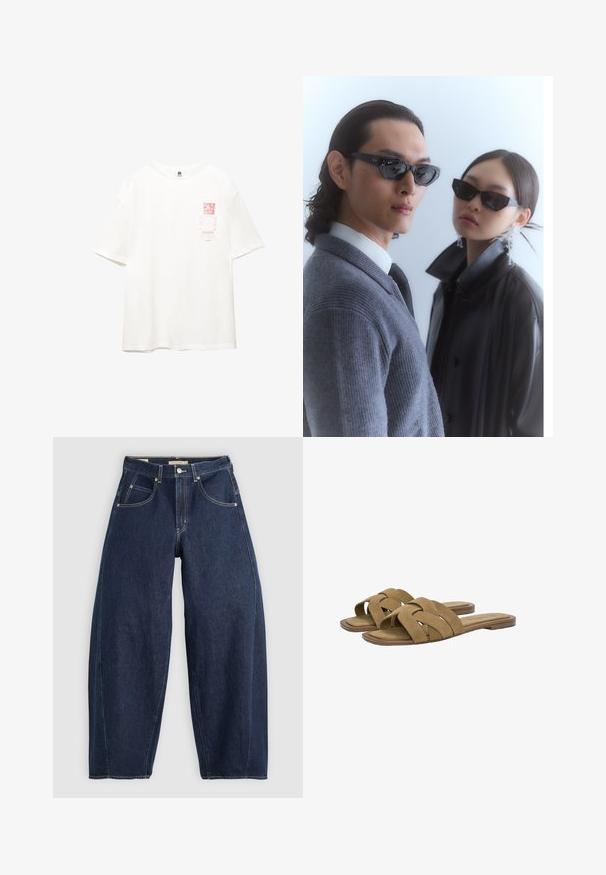 Valkoinen puuvillainen t-paita lyhyillä hihoilla, jossa on punainen painatus vasemmassa rinnassa, mukaan lukien teksti ja viivakooditiedot.; Tummansinisiä farkkuja, joissa on rento malli, vaaleat tikkaukset, viisi taskua ja nappikiinnitys vyötäröllä.; Ruske suède natikače s dizajnom križnog remena i ravnim potplatom. Mekana tekstura i minimalistički oblik. Pogodne za ležernu modu.; Aurinkolasit, joissa on kulmikkaat mustat kehykset, malli, jolla on päällään harmaa neulepaita, esittelee teksturoitua neulosta ja mustaa nahkatakkia, jota pitää toinen malli.