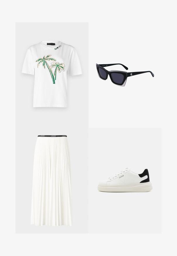 T-shirt bianca in cotone con ricamo di palme verdi e oro, decorata con strass sul petto e collo rotondo.; Gonna bianca plissettata con elastico nero in vita che presenta il logo "LACOSTE". Design di lunghezza media con texture morbida.; Sneaker bianchi in pelle con suola spessa bianca, accento in suede nero sul tallone e logo impresso sul lato. Design con lacci e sei fori per i lacci.; Occhiali da sole oversize neri dalla forma geometrica, con lenti scure e un dettaglio grigio a contrasto sulla montatura. Logo sul braccio.