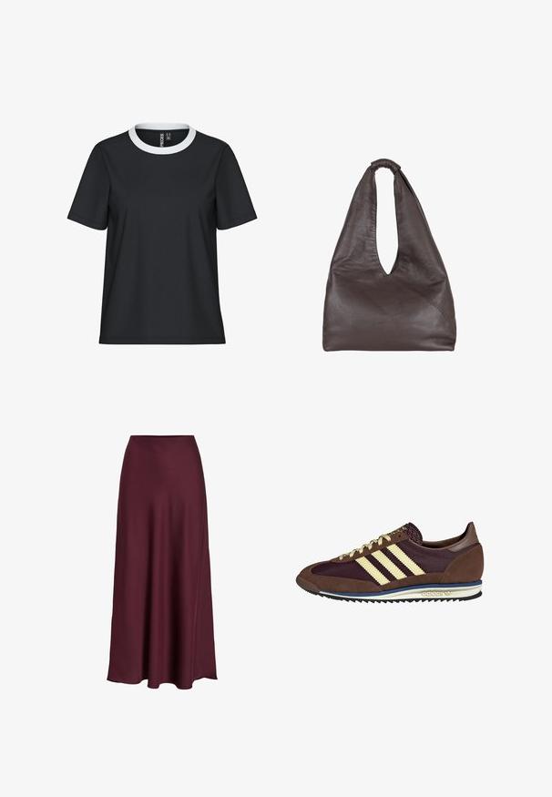 Black t-shirt with a white ribbed crew neckline, short sleeves, and a relaxed fit; made of smooth fabric with no visible patterns or details.; Burgundy satin maxi skirt with a smooth texture, high waist, and a flowing silhouette that flares out gently towards the hemline.; Brown and burgundy sneaker with suede and mesh materials, featuring three cream stripes, textured fabric on the tongue, and a rubber sole.; Brown leather bag with a slouchy, oversized design. Features a loop handle and a deep V-cut opening for easy access. Soft texture, minimalist style.