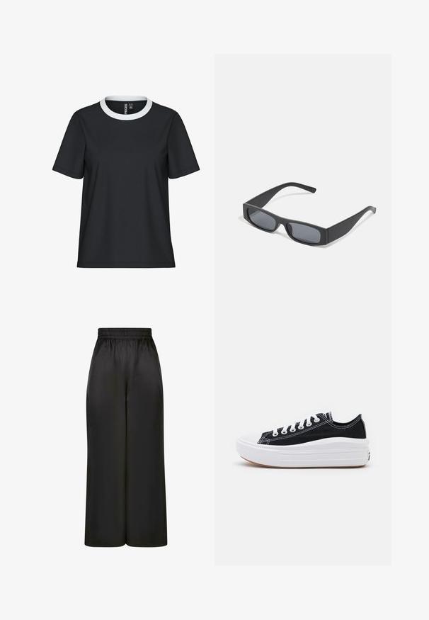 Čierne tričko s bielym hrdlom z rebrovanej textílie, krátkymi rukávmi a uvoľneným strihom; vyrobené z hladkej tkaniny bez viditeľných vzorov či detailov.; Čierne široké nohavice vyrobené z hladkého, lesklého materiálu s elastickým pásom a bez viditeľných vreciek či kovových detailov.; Čierne plátenné tenisky s bielymi šnúrkami, bielym gumovým špičkovým krytom a robustnou bielou medzipodrážkou. Obsahujú jemné biele švy a gumenú podrážku.; Čierne obdĺžnikové slnečné okuliare s tmavými sklami a hrubými matnými rámami. Ramena sú mierne zúžené s hladkým povrchom.