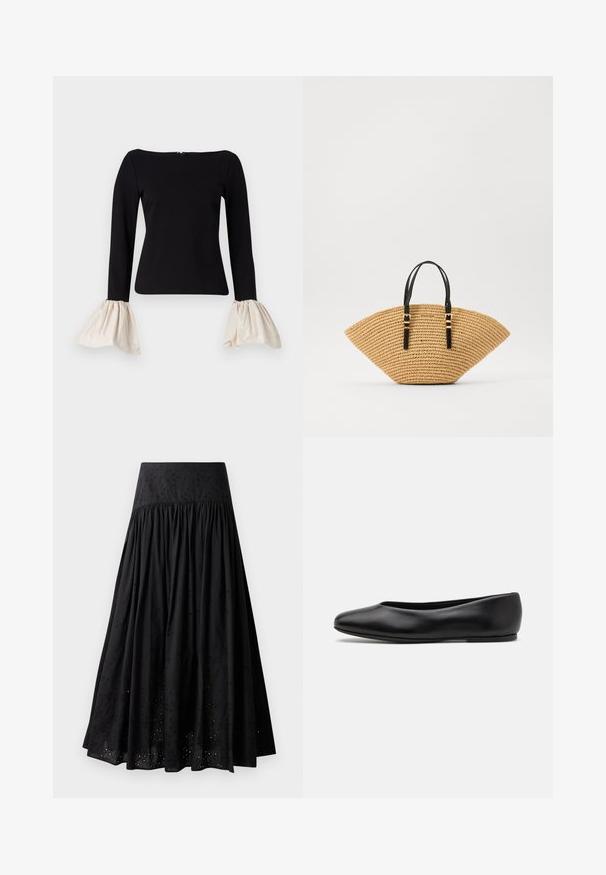 Sort top med lange ærmer og kræmfarvede, samlede klokkeærmer. Har en bådhalsudskæring og en lynlås lukning bagpå.; Sort maxi-nederdel lavet af bomuld med en broderet talje. Har indsamlet stof og øje-detaljer langs kanten.; Paul Smith TOPANGA - Ballerinasko - black; Strandtaske med en unik vifteform, beige vævet tekstur og sorte læderhåndtag med guldfarvede spænder. Justerbar rem for alsidighed.