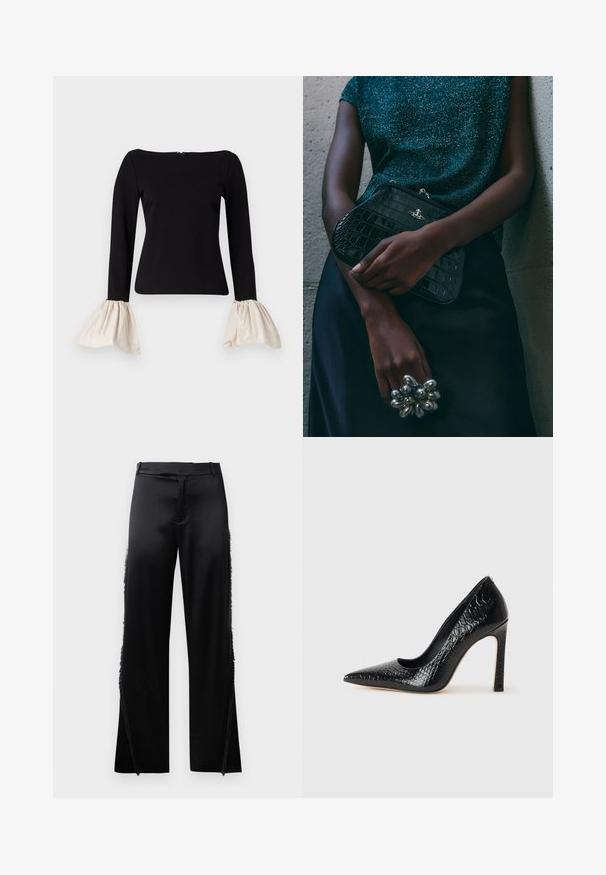 Melnas blūzes ar garām piedurknēm un krēmkrāsas, savelktām zvana formā piedurknēm. Iezīmē laivu izgriezumu un aizmugurē ir rāvējslēdzējs.; Melnas satīna bikses ar platām kājām, ar frēzi detaļām gar sānu šuvēm un plakanu priekšējo jostas daļu. Vienkārša aizmugure bez kabatām.; Melni augstpapēžu apavi ar norādītu purngalu, ar krokodila ādas tekstūru, izceļoties ar elegantu dizainu, augstu stiletto papēdi un gludu melnu interjeru.; Melna krokodilā ādas raksta rokassoma ar sudraba detaļām, turēta pretī tekstūrētai pelēkai fona. Iespējo spīdīgu virsmu.