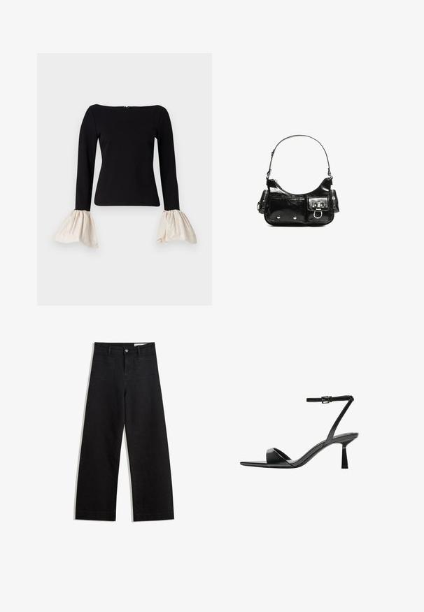 Schwarzes Oberteil mit langen Ärmeln und cremefarbenen, gerafften Glockenärmeln. Besitzt einen Carmen-Ausschnitt und einen Reißverschluss im Rücken.; Schwarze weit geschnittene Jeans mit hoher Taille, ausgestattet mit Vorder- und Hintertaschen, gesteppten Nähten und einem Knopfverschluss. Glatte Textur.; Bershka High Heel Sandalette - black; Schwarze Lackleder-Handtasche mit geschwungenem Design, einem Schulterriemen, Vordertaschen und silberfarbenen Hardware-Akzenten.