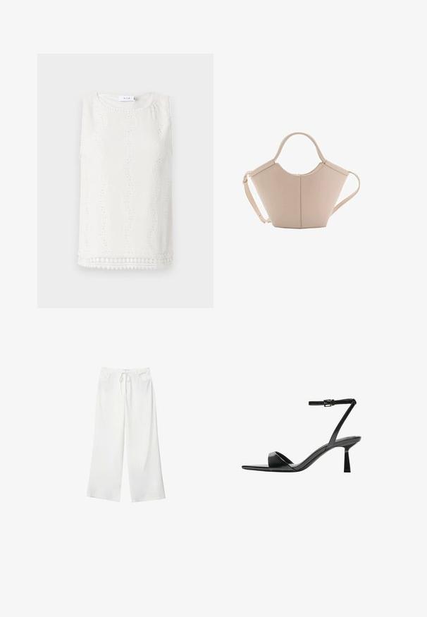 Bílý top bez rukávů s texturovanou tkaninou, s vykrojenými vzory a slovenskými akcenty. Okrýlený výstřih a zakončení s dekorativním lemem.; Bílé široké kalhoty vyrobené z měkké látky, které mají pružný pas a dvě přední kapsy. Hladký povrch a žádné viditelné vzory.; Bershka Sandály na vysokém podpatku - black; Beige kožená kabelka s jedinečným tvarem, vybavená dvěma krátkými uchy a dlouhým nastavitelným popruhem. Hladká textura s minimem kovových doplňků.