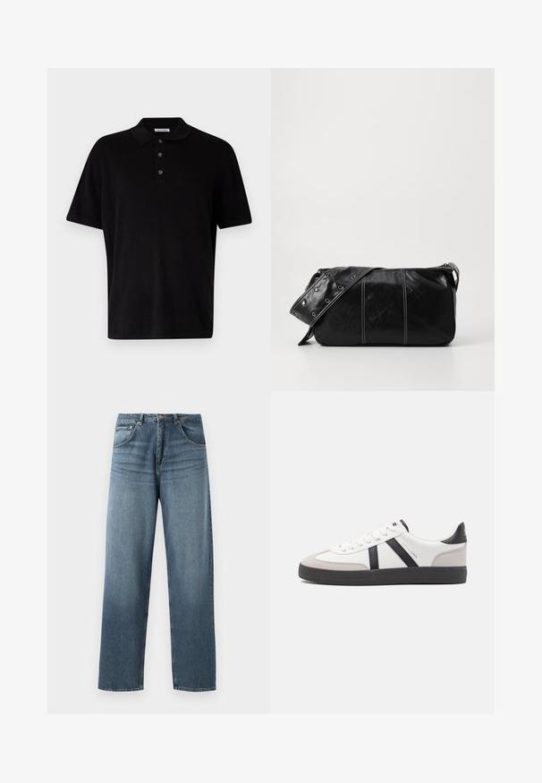 Fekete pólóing puha anyagból, klasszikus gallérral, háromgombos lezárással és rövid ujjakkal rendelkezik, szabása pedig normál.; Egyenes szárú kék denim farmernadrág, kopott mosással, öt zsebes kivitelezéssel, fém gombbal és övhurkokkal. Közepes súlyú, strukturált anyag.; Fehér sneaker fekete és szürke részletekkel, textúrált szürke orr résszel, fekete gumitalppal és lapos fehér fűzőkkel. Tiszta dizájn, minimalista stílus.; Fekete bőr válltáska, cipzárral zárva, texturált felülettel, fehér varrással és ezüst fémgyűrűs pánttal.