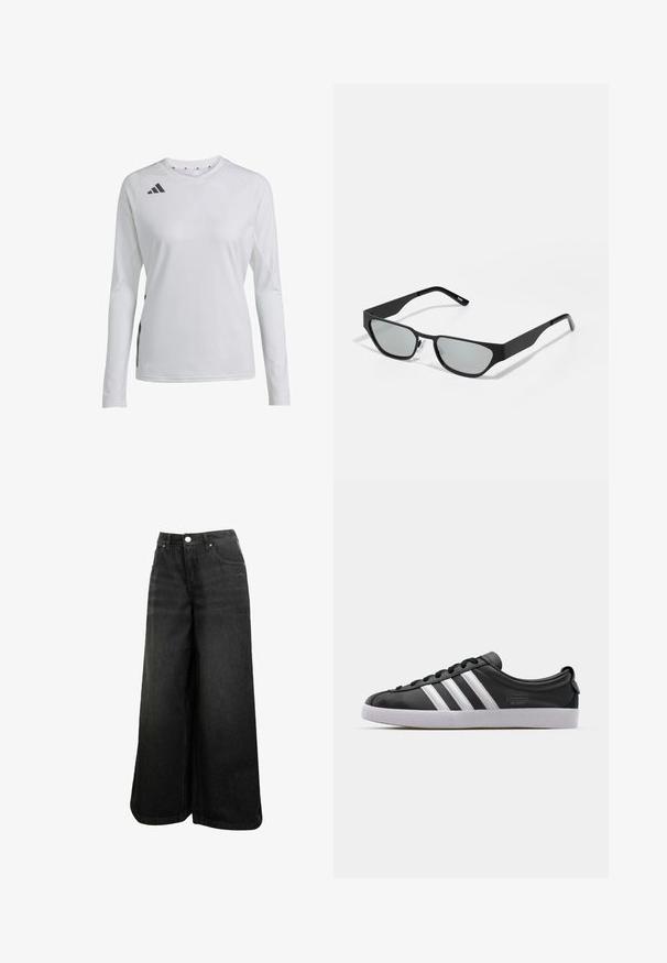 Sportovní dlouhý rukáv ve bílé barvě, s kulatým výstřihem a černým logem Adidas na levém rameni a bočním akcentu.; Černé široké džínové kalhoty s vysokým pasem, předním knoflíkem, kapsami a jemným logem na přední kapse.; Černé kožené tenisky s bílým trojitým pruhovaným designem, kulatou špičkou, plochou bílou gumovou podrážkou a značkovým detailem na boku.; Černé sluneční brýle s obdélníkovými skly, matným povrchem a mírně ostrým tvarem. Mají průhledné nosní podložky a minimalistický design.; Stříbrná metalická kabelka s elegantním, strukturovaným designem, jež má texturované tělo, ramenní popruh a embosované logo.