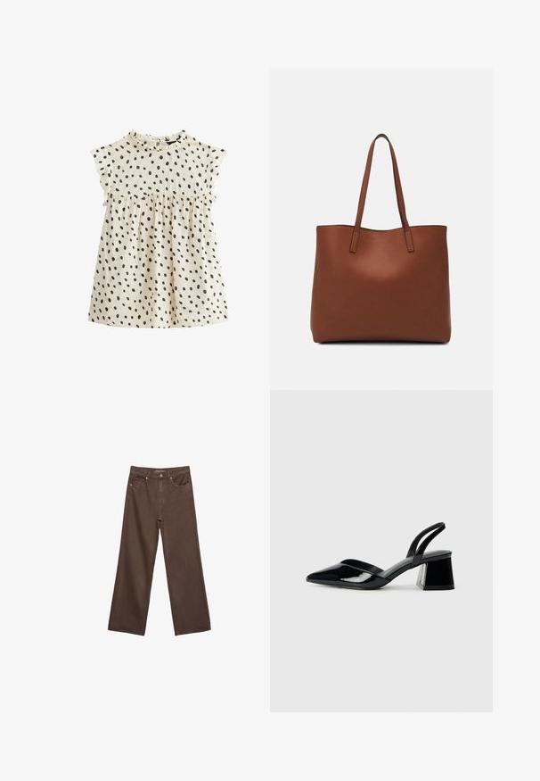 Bomullsklänning med korta, volangärmar, krämfärgad bas och spridda svarta prickar. Samlad midja skapar en utsvängd form.; Breda bruna jeans i denim med hög midja, framfickor och klassisk knäppning. Slät textur med subtil sömnad.; Svarta lackläder slingback klackar med spetsig tå och geometrisk klack. Har en elegant, minimalistisk design och slät yta.; Brun läder tote-väska med en slät textur, öppen toppdesign och två axelremmar. Har minimal söm och ingen synlig metalldetalj.