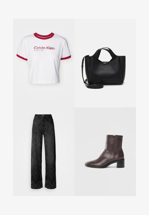 Nupjautas baltas marškinėliai su raudona gipiūrine apykakle ir rankovėmis. Priekyje yra blizgūs raudoni užrašai "Calvin Klein endless city".; Plačios juodos džinsinės kelnės su zigzaguojančiu tekstūros raštu. Pagamintos iš džinsinio audinio, su sagų uždarymu ir dviem priekinėmis kišenėmis.; Tamsiai ruda odinė kulkšnies batas su kvadratuoju pirštu, blokuoti kulną ir subtiliu iškilmingu logotipu viršuje ant švaraus balto fono.; Juodas odinis rankinės krepšys su tekstūruotu paviršiumi, kampuota forma, dviem rankenomis ir reguliuojamu peties diržu. Pasižymi DKNY logotipo akcentu.