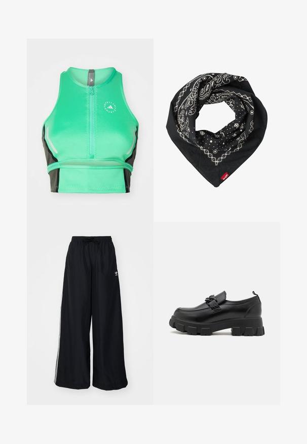 Green athletic crop top with a zip front, featuring black accents, reflective details, and a logo. Made of smooth, stretchy fabric.; Black wide-leg pants made from lightweight fabric. Features an elastic waistband with drawstring and white side stripes. Brand logo on hip.; Black leather shoe with a chunky textured sole and a decorative strap across the upper. Features a slight heel and a pull tab at the back.; Levi's® PAISLEY BANDANA UNISEX - Foulard - regular black