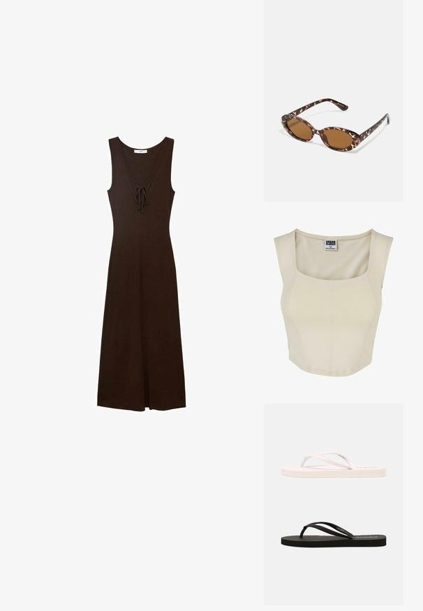 Cremfarbener Crop-Top aus weichem Stoff mit quadratischem Ausschnitt, figurbetontem Design und minimaler Nahtdetails. Das Etikett trägt die Aufschrift "Urban Classics."; Braunes ärmelloses Kleid mit V-Ausschnitt, Bindung vorne und fließender Silhouette, aus einem glatten Stoff gefertigt.; Weiße und schwarze Gummi-Tsandalen mit strukturierten Fußbetten, dünnen Riemen und kontrastierenden Farben. Jedes Paar hat ein einfaches Design und eine minimalistische Markenpräsentation.; Sonnenbrille aus Schildpatt mit ovalen Gläsern, braun getönt, dünnen Bügeln mit strukturiertem Muster, leichtem Kunststoffrahmen.