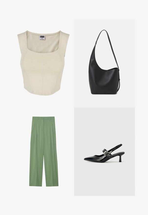 Cream-colored crop top made of soft fabric with a square neckline, fitted design, and minimal seam detailing. Label reads "Urban Classics."; Green wide-leg trousers made of smooth fabric. Features pleats at the front, a single button closure, and belt loops.; Black patent leather slingback heels with a pointed toe and a small block heel, featuring a silver buckle accent on the strap.; Black leather hobo bag with a smooth texture, curved shape, and single adjustable strap; features a wide opening at the top.