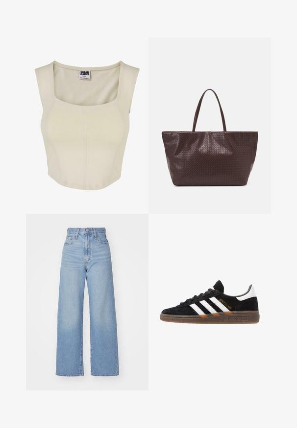 Top scurt de culoare crem, realizat dintr-un material moale, cu decolteu pătrat, design mulat și detalii minime de cusătură. Eticheta spune "Urban Classics."; Jeans cu talie înaltă, de culoare albastru deschis, cu croială largă, dotate cu nasture și fermoar la față, buzunare în față și spate, pe un fundal alb.; Sneaker Adidas negre cu dungi albe, text aurit "Spezial", talpă din cauciuc și tab de călcare alb, prezentat din vedere laterală.; Geantă din piele împletită maro, cu două mânere, formă structurată și suprafață texturată, având un model în diamant pe toată suprafața.