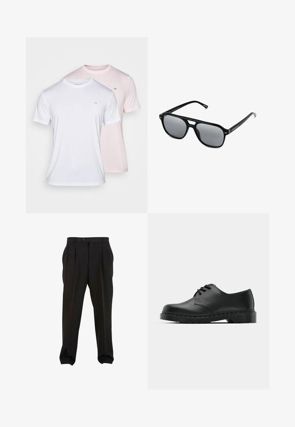 Dvě trička s krátkým rukávem v bílé a světle růžové barvě, vyrobená z jemné látky. Každé z nich má na hrudi decentní logo CK.; Černé kalhoty z hladké tkaniny, se zapínáním na tlačítko v pase, předními sklady a zúženými manžetami u kotníků. Klasický elegantní střih.; Černé kožené oxfordy s šněrováním, zakulacenou špičkou, plochou gumovou podrážkou a jemným prošíváním podél svršku.; Černé sluneční brýle s obdélníkovými rámy, šedými tónovanými skly a designem s výřezem ve střední části. Hladký, lesklý plastový materiál, s úzkými stranami.