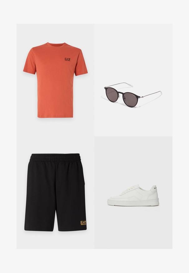 Tricou cu mânecă scurtă de culoare ruginie, realizat din bumbac, cu guler rotund și un mic logo EA7 negru pe piept.; Shorts atletici negri dintr-un material moale, având o talie elastică și un mic logo galben EA7 pe partea inferioară a piciorului stâng.; Sneakers din piele albă cu un finisaj neted, vârf rotund, șireturi plate și o talpă texturată. Prezintă un logo subtil pe călcâi.; Ochelari de soare negri rotunzi cu lentile întunecate și brațe metalice subțiri. Include vârfuri transparente pentru brate și accente argintii la balama. Design minimalist.