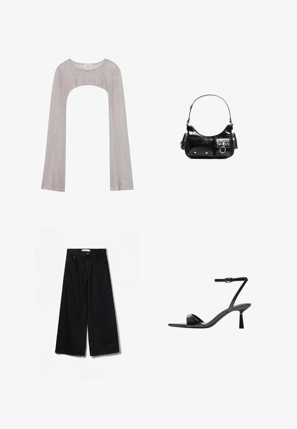 Silbernes Langarmoberteil mit rundem Ausschnitt und Cut-out darunter. Hergestellt aus strukturiertem Stoff, mit figurbetontem Design und ausladenden Ärmeln.; Bershka WIDE-LEG - Wide Leg - black; Bershka High Heel Sandalette - black; Schwarze Lackleder-Handtasche mit geschwungenem Design, einem Schulterriemen, Vordertaschen und silberfarbenen Hardware-Akzenten.