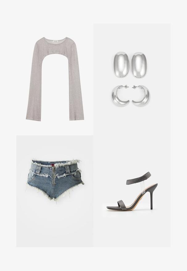 Hopeapintainen pitkähihainen paita, jossa on pyöreä pääntie ja leikattu kohta alapuolella. Valmistettu teksturoidusta kankaasta, jossa on vartalon myötäinen muotoilu ja levenevät hihat.; Farkkushortsit, joissa on risat helmat, korkea vyötärö, vetoketjukiinnitys ja kaksi etutaskua. Materiaali on haalistunutta sinistä farkkua, jossa on kulutettuja yksityiskohtia.; Musta korkokenkä, jossa on läpinäkyvä hihna, teksturoitu päällinen ja kapea stiletto-korko. Ominaisuuksiin kuuluu leveä etuhihna ja kiiltävät yksityiskohdat.; Hopeasävyiset korvakorut: kaksi ovaalia nappikorua ja kaksi kuukausimaisen muotoista renkaasta, joissa on kiiltävä, sileä pinta ja pyöristetty muoto.