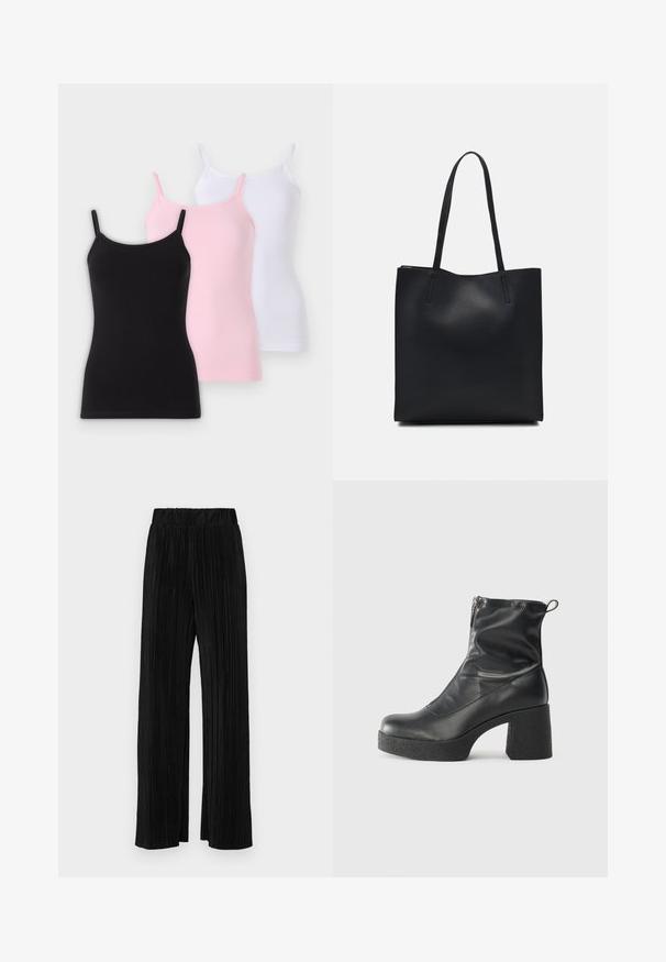 Tre camiser i svart, rosa og hvit, med tynne stropper, en tettsittende design og en myk tekstur.; Sorte plisserte bukser med elastisk midje. Har vide ben og et glatt, strukturert stoff med vertikale striper.; Svarte ankelstøvler laget av glatt lær, med glidelås på siden, chunky strukturert hæl, og rund tå-design.; Svart lær tote bag med glatt tekstur, rektangulær form og to lange håndtak. Ingen synlige deler eller dekorasjoner.